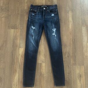 Express Distressed Skinny Jeans Dark Wash Mid Rise Stretch Denim Size 0R